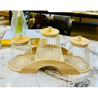Set de 3 Boite de Rangement en Verre Strié avec Support en Bois